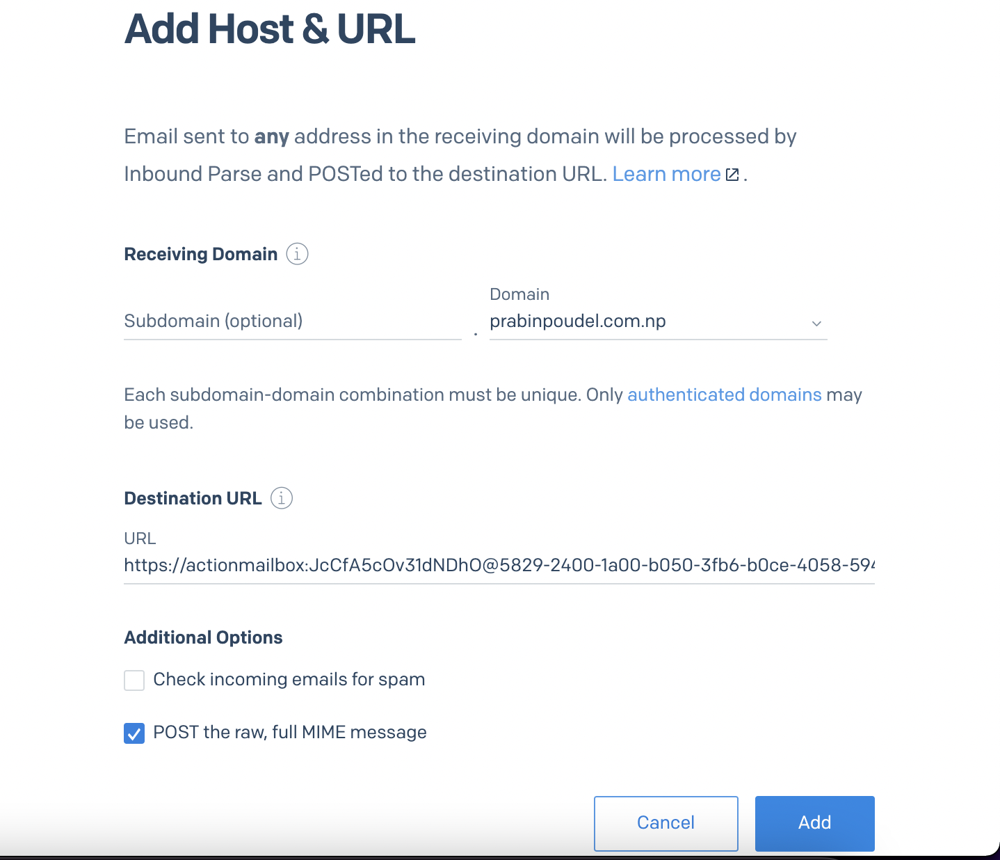 Configure Inbound Parse Hook Page in SendGrid