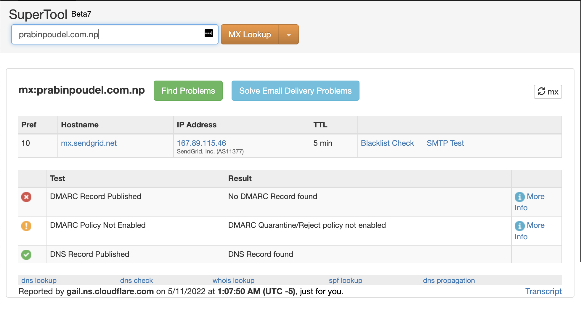 Test result for MX records in the website of MX Toolbox
